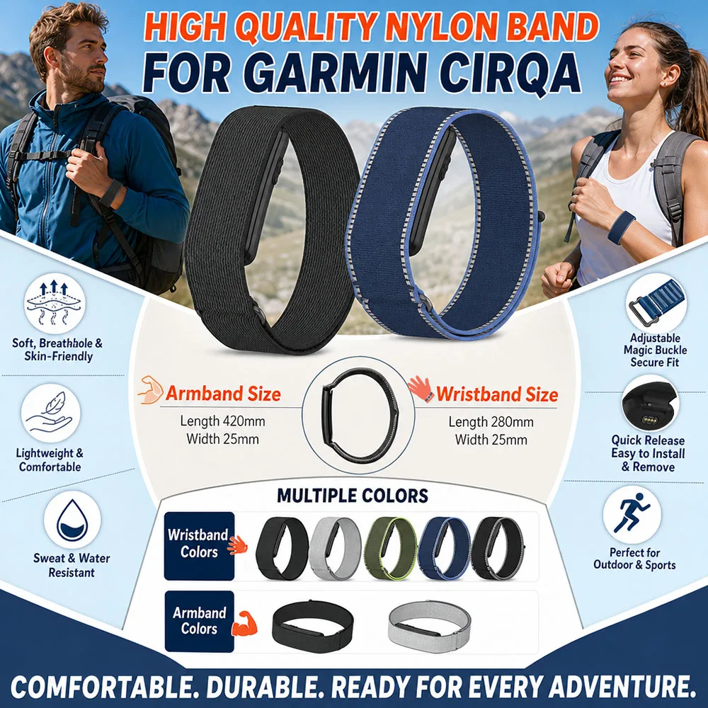 Outdoor Rugged Nylon Loop Strap for Garmin CIRQA Sports Elastic Armband Lightweight Adjustable Replacement Band for Garmin CIRQA