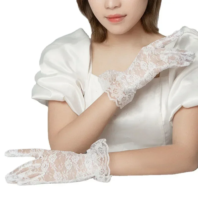 Retro Spring Summer Women Short Tulle Gloves White Black Wedding Gloves Stretchy Lace Full Finger Mittens Mesh Translucent Glove