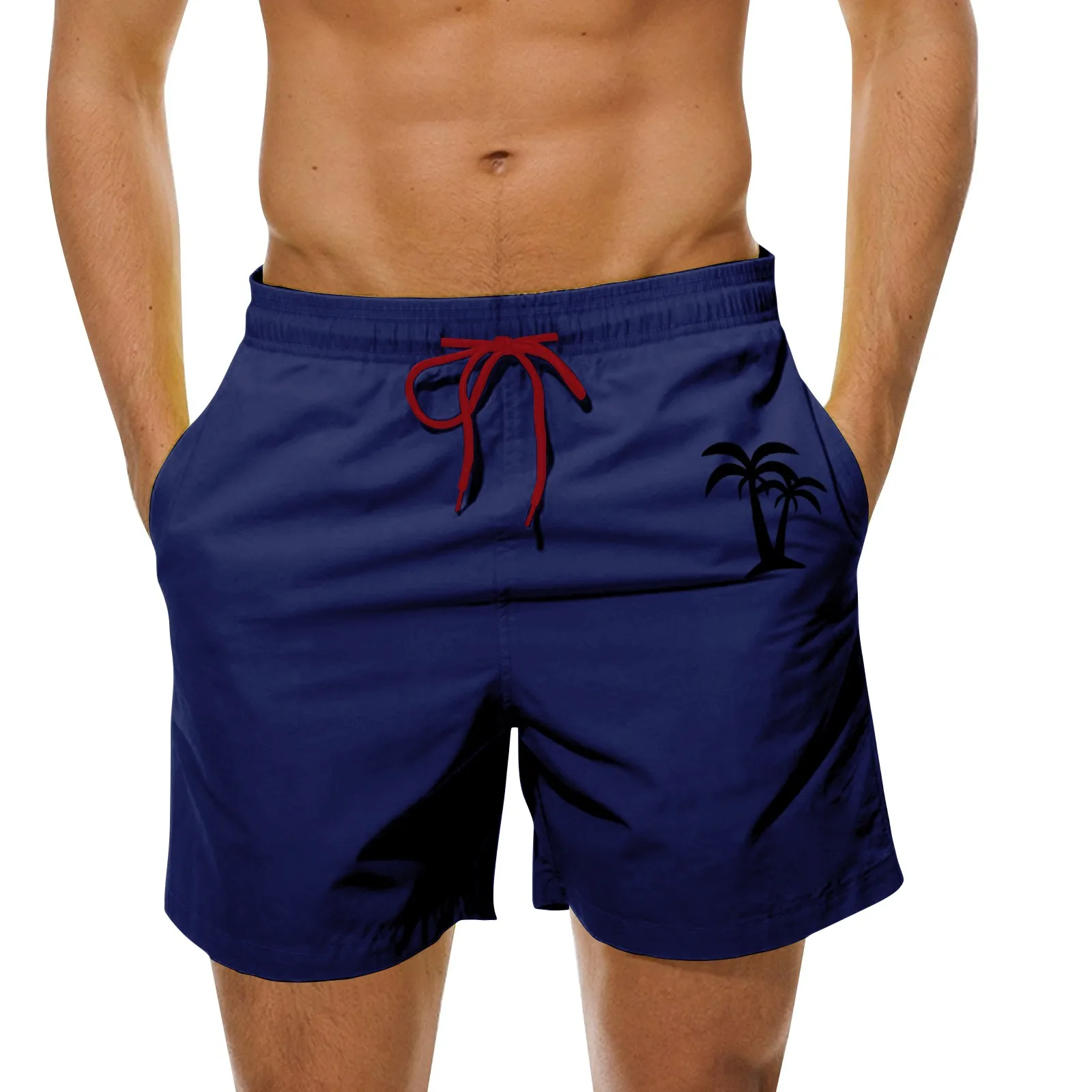 Men's Casual And Fashionable Solid Color Coconut Tree Print Seaside Sports Drawstring Beach Mens Cotton Shorts with Pockets