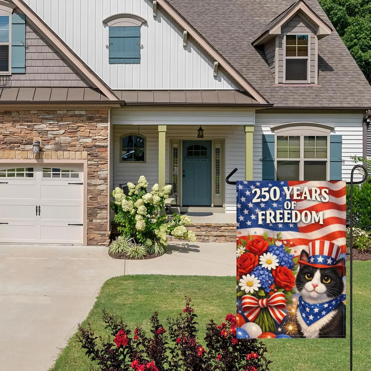 American 250th Anniversary Garden Flag 28x40 Inch,Patriotic Tuxedo Cat 250 Years of Freedom,Independence Day 4th of July Dec AAM view 2
