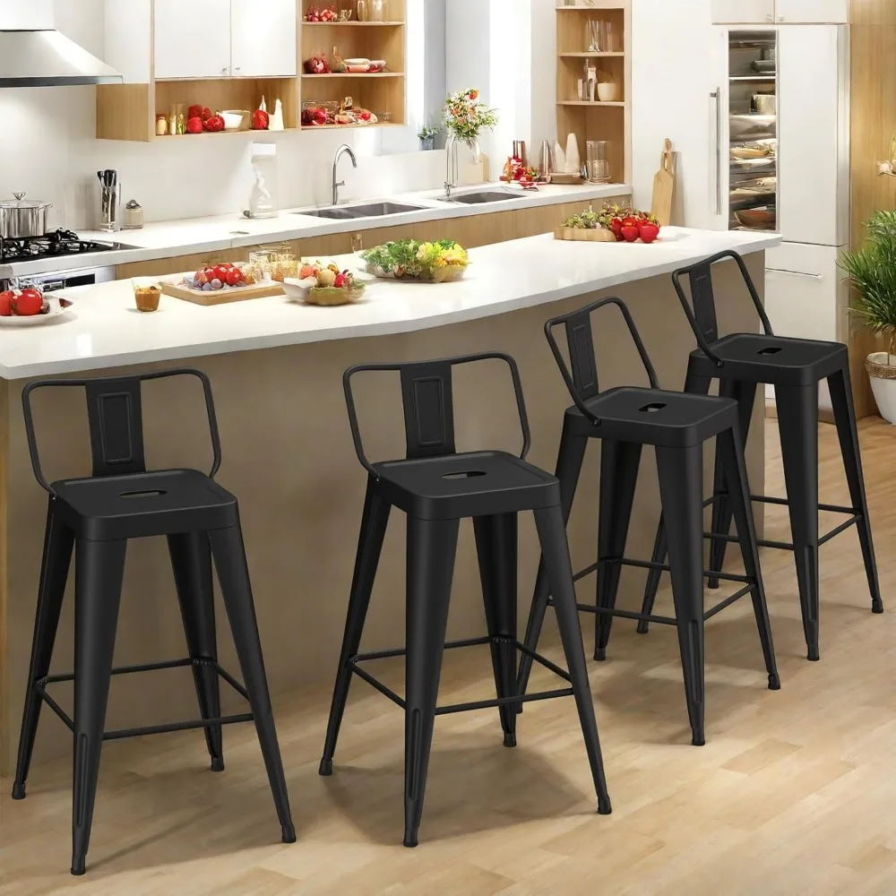 مقاعد بار معدنية، مقاعد بار ذات ارتفاع مضاد مع ظهر منخفض، كراسي بار صناعية حديثة للمطبخ (أسود غير لامع #1