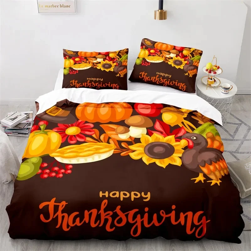 Thanksgiving Day Twin King Duvet Cover Cartoon Pumpkin Turkey Bedding Set Microfiber Maple Leaves Comforter Cover For Boys Teen