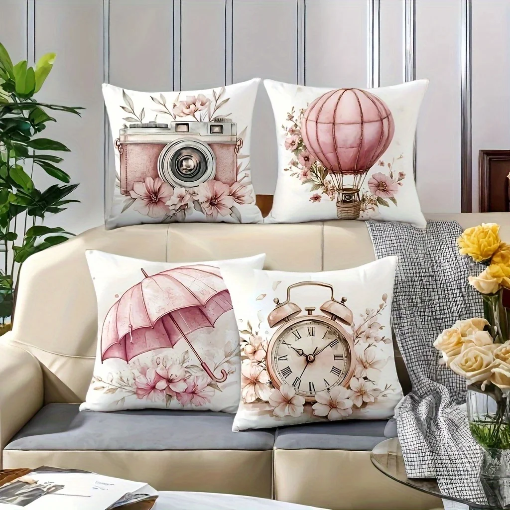 Decorative Pillow Cover Set 4 Vintage Floral Boho Aesthetic Camera Balloon Clock Pillowcase 40x40cm Home Decor