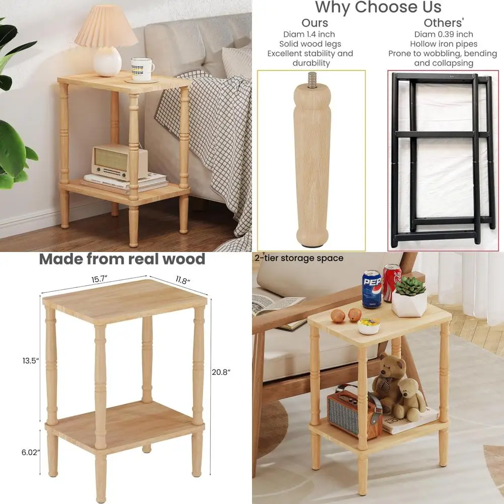 LUCKNOCK Solid Wood Side Table, Small Vintage End Table, Narrow Couch Side Table with Storage, Skinny Nightstand Bedside Table f