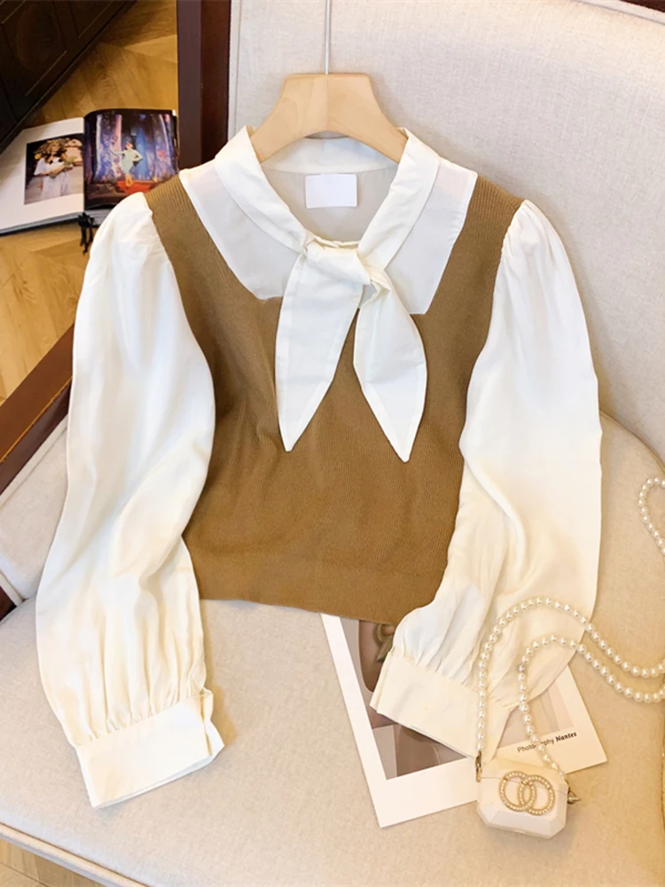 

Korean Women Fake Two-Piece Knitted Vest Patchwork Long Sleeved Shirt Autumn Retro Fashion Versatile Loose Women's Lace Up Top