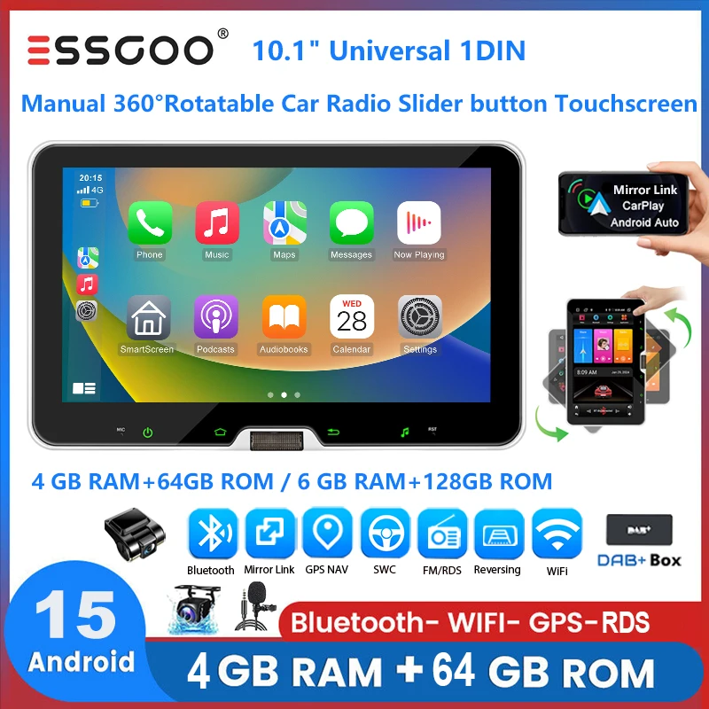 Autoradio ESSGOO Android 15 10.1" 4+64 GB / 6+128 GB CarPlay Wireless Schermo Rotante 360° Navigazione GPS FM RDS Bluetooth WiFi Scorrimento Microfono Mirror Link Controlli al Volante Android Auto