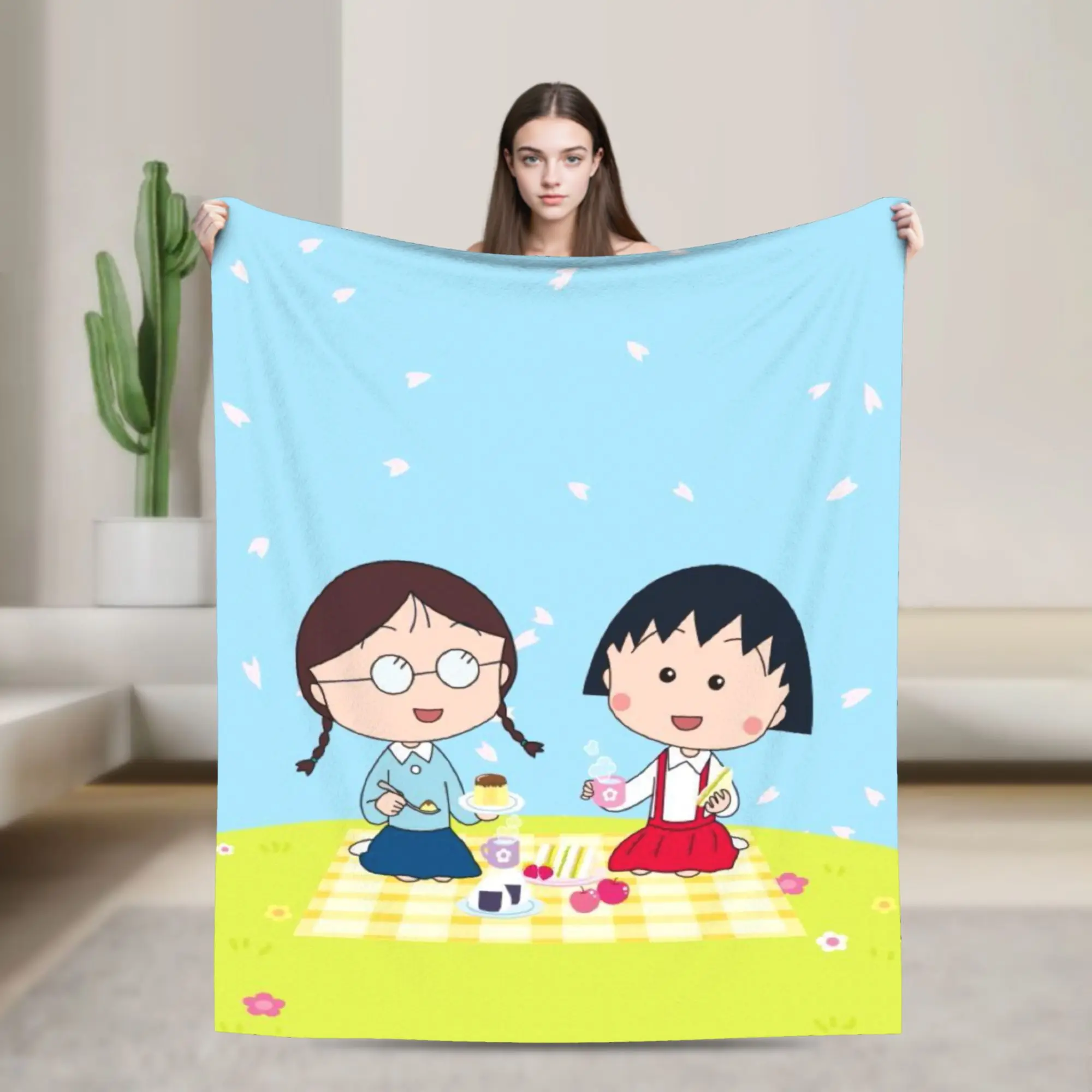 Marukos Sakura Picnic Spring Friendship Plush Blanket  Funny Throw Blanket for Home Hotel Sofa  125*100cm Plush Thin Quilt,
