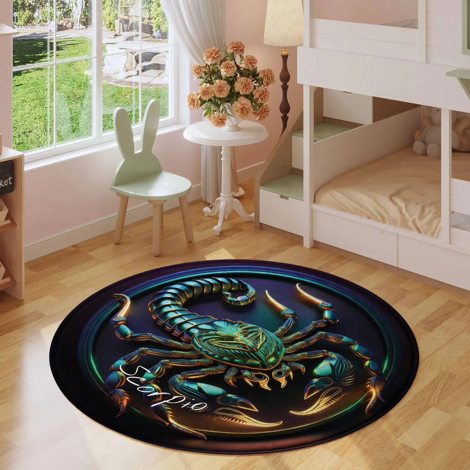 Scorpio Zodiac Sign Scorpion Metallic Teal Gold Astrology Neon Dark Pattern Holiday Luxury Round Mat Area Rug Home Decor