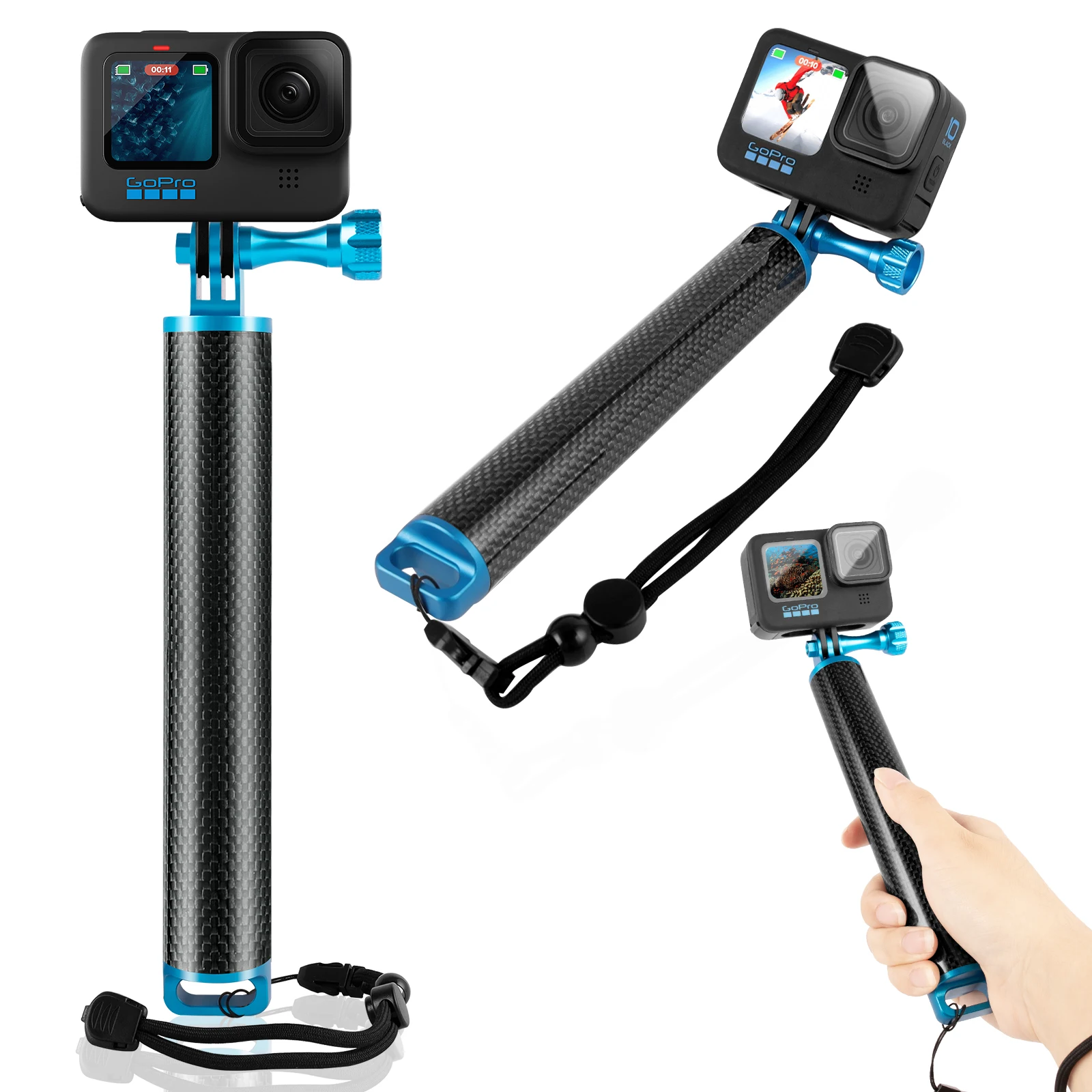 REYGEAK Carbon Fiber Waterproof Floating Hand Grip for GoPro Max Hero 11 10 9 and Other Action Cameras, Underwater Selfie Stick