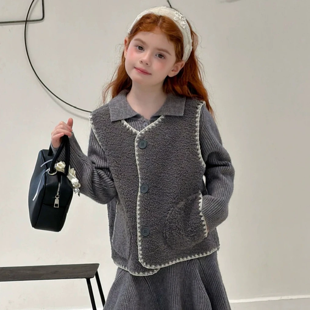 Girl Waistcoat 2026 Autumn and Winter New Children's Clothing Korean Style Girl Baby Shell Edge Lamb Hair Waistcoat