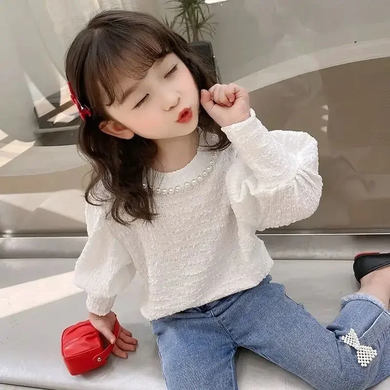 Kids Girls Beading Chiffon Blouses 2024 New Arrival Children Puff Sleeve Tops Autumn Winter Casual Blouse Shirts Korean Style