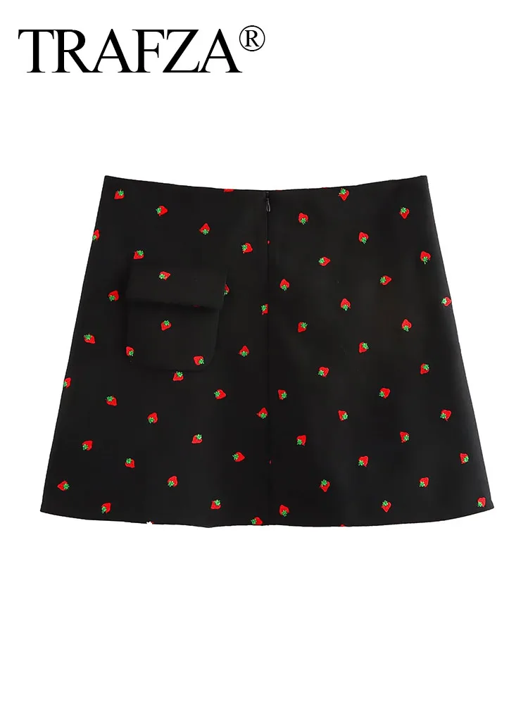 TRAFZA Elegant Woman Chic High Waist Back Zipper Casual Short Skirt Women Summer Fruit Embroidery Pocket Decorate Mini Skirt