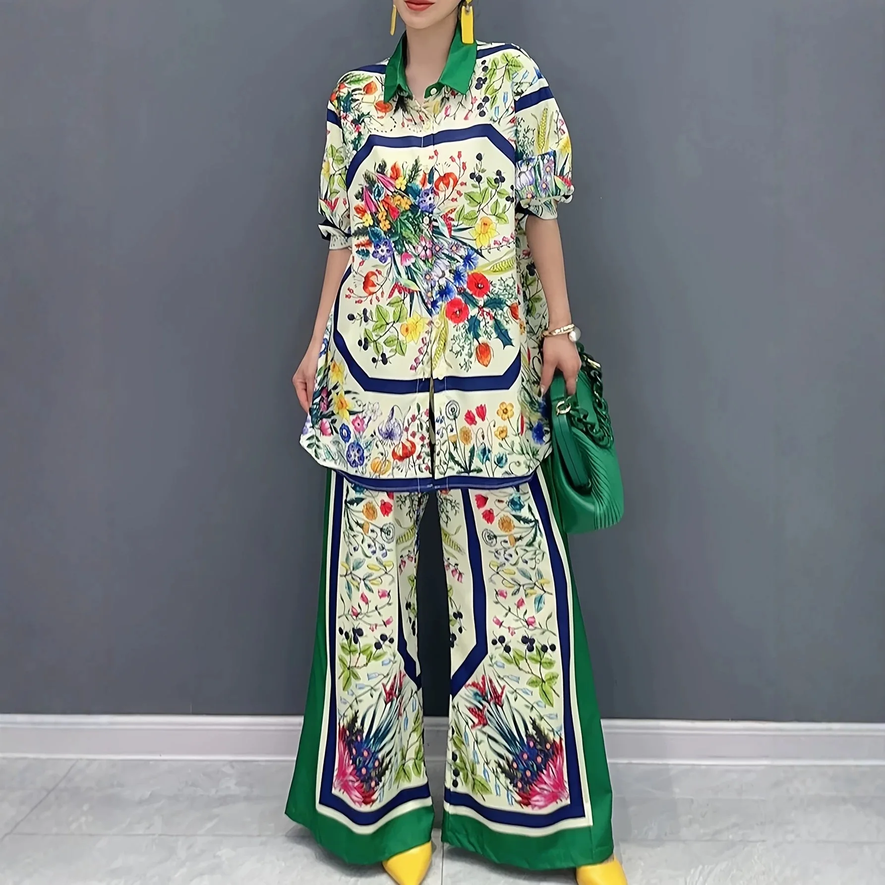 

Women's 2-Piece Floral Print Outfit Short Sleeve Button Down Shirt & Wide Leg Pants Casual Silk-Like Vacation Office Lady Set