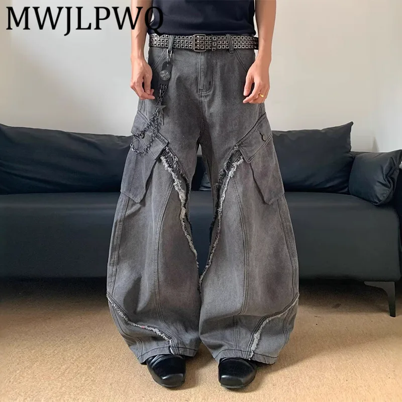 

MWJLPWQ American Style Heavy Stitching Frayed Flared Jeans Autumn Zipper Loose Fit Floor-Length High Street Pants For Men 12002