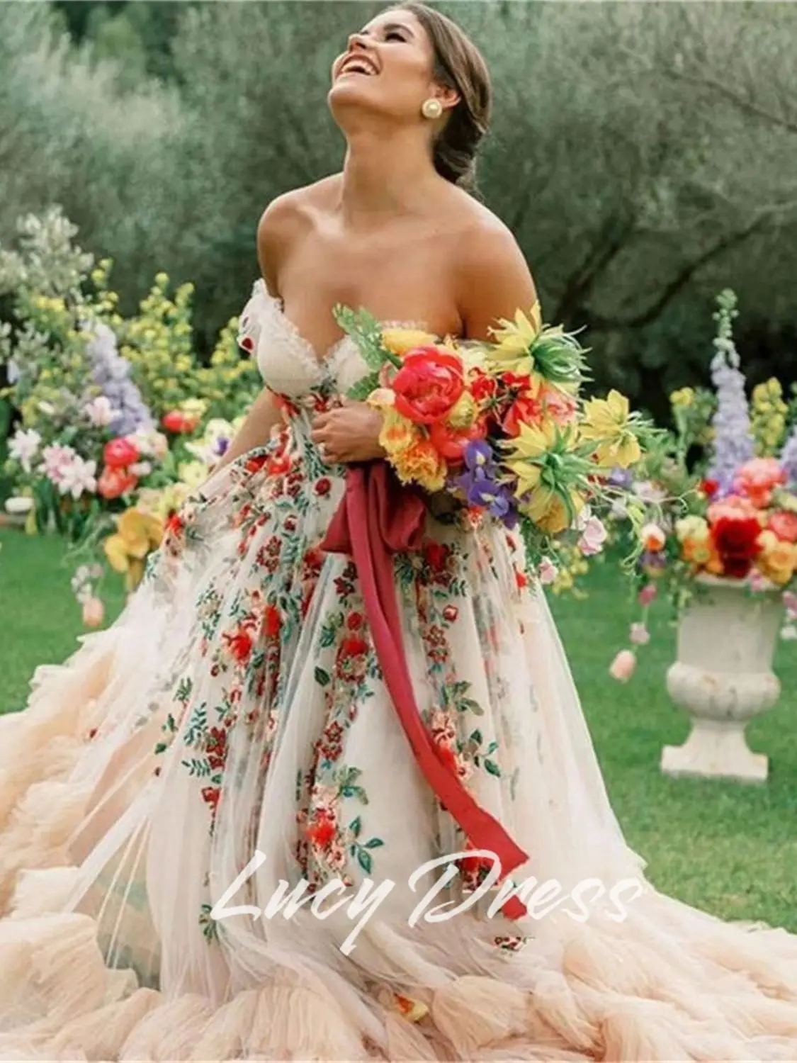 Lucy Aangepaste Speciale Gelegenheid Jurk Trouwjurk Vrouw Bloemen Stof Avondjurken trouwjurken luxe vestidos de novia - afbeelding 2