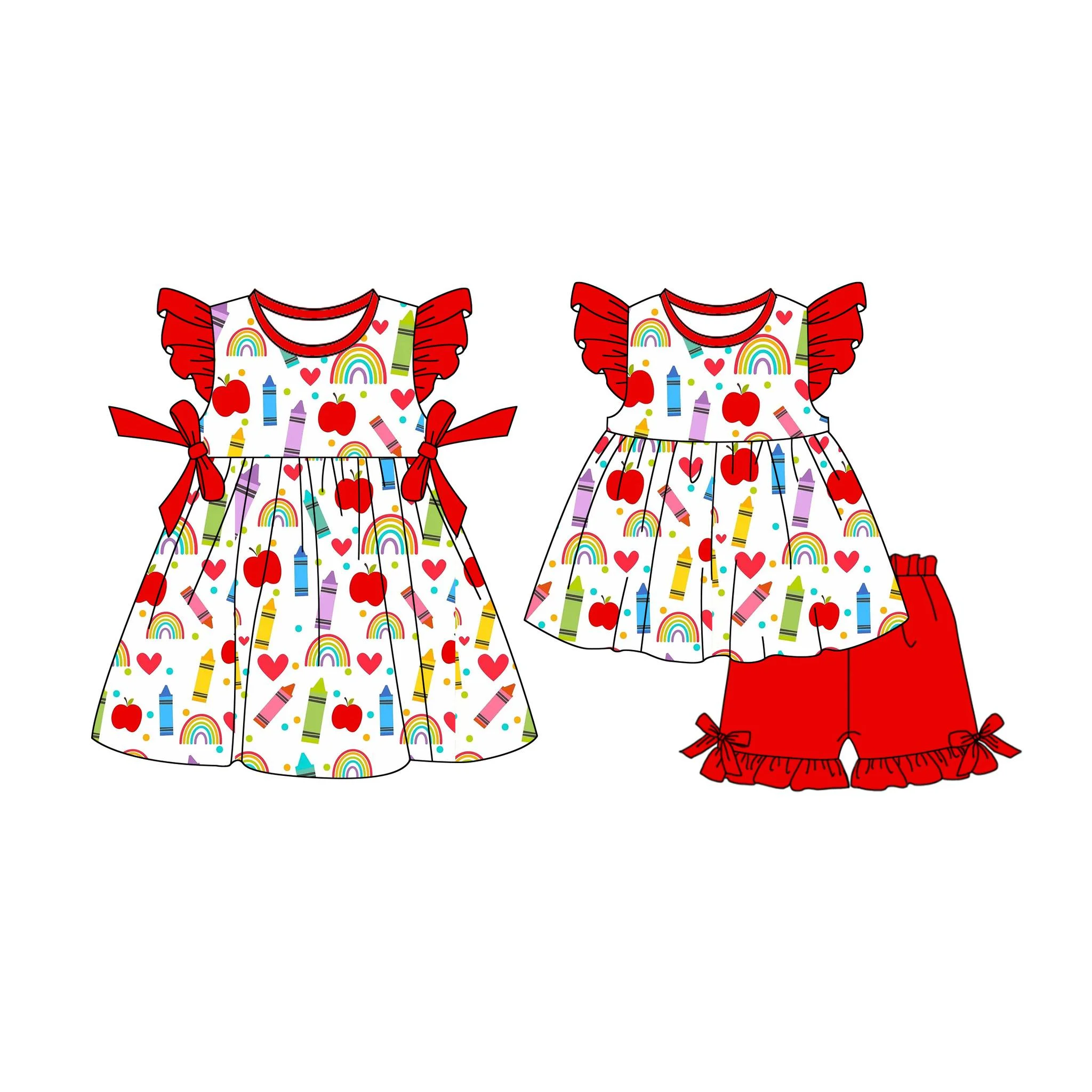 Boutique Children Back To School Clothes Girl Apple Rainbow Pencils Set Summer Bows Print Girls Dress