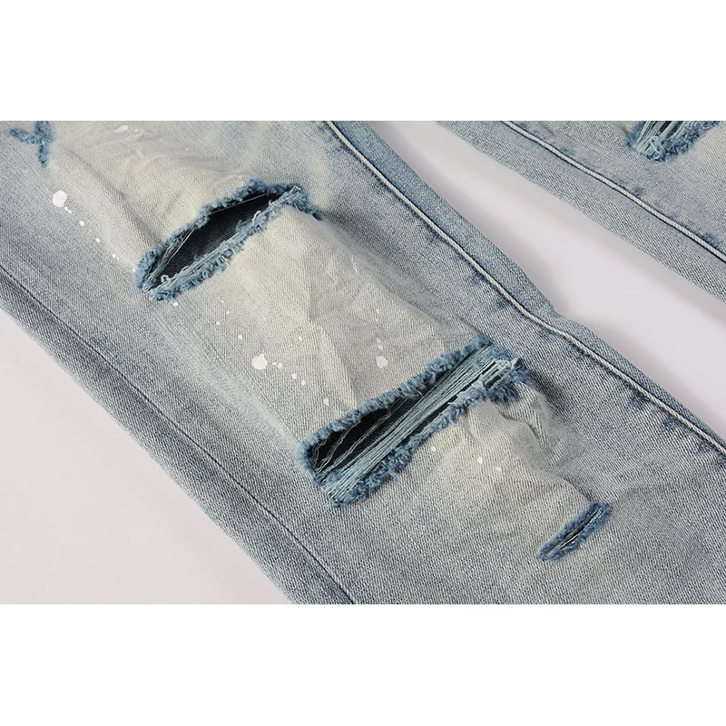 Men's Light Blue American Streetwear Distressed Skinny Splash Paints Holes Button Fly Ripped Jeans Pants