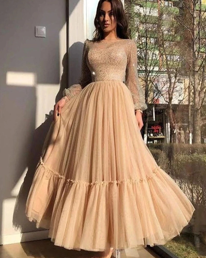 

ANGELSBRIDEP Champagne Long Sleeves Evening Party Gowns Sparkly Bodice Full Beading Mother Of Formal Celebrity Prom Dress