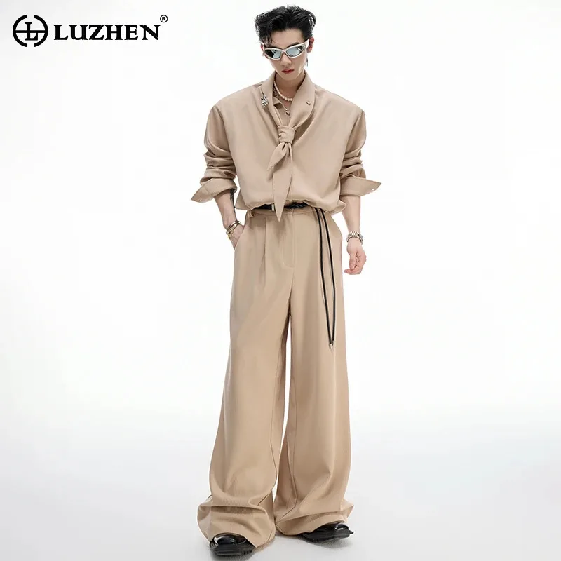 

LUZHEN модные красивые однотонные подплечники трехмерные лоскутные рубашки с длинными рукавами мужские свободные брюки 2025 JY5852