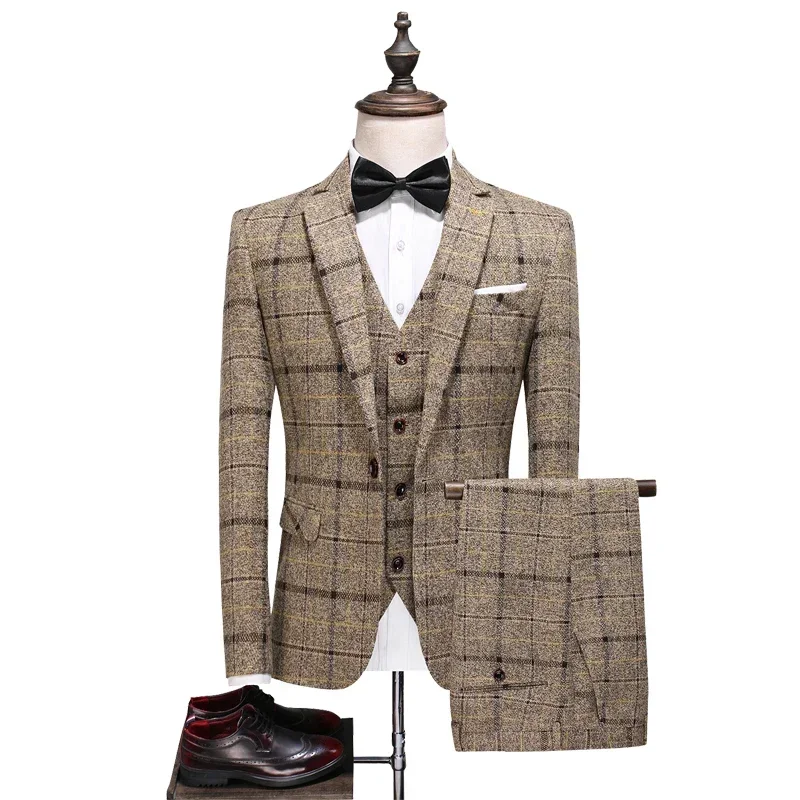 

Traje De Hombre Elegante (Blazer+ Vest + Pants) Men's Fashion Business Gentleman Wedding Casual Plaid Cotton Linen British Suit