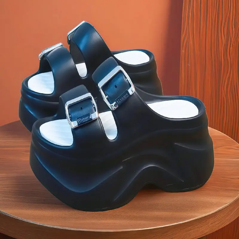 

2026 New 9cm High Heels Fashion Platform Slippers For Women Chunky Wedge Shoes Soft EVA Thick Sole Girls Summer Street Sandals