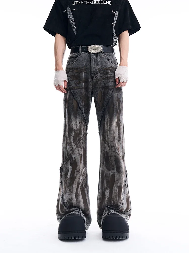 

Niche deconstruction and old jeans men's cut design spray-dyeing micro-pull pants wasteland wind