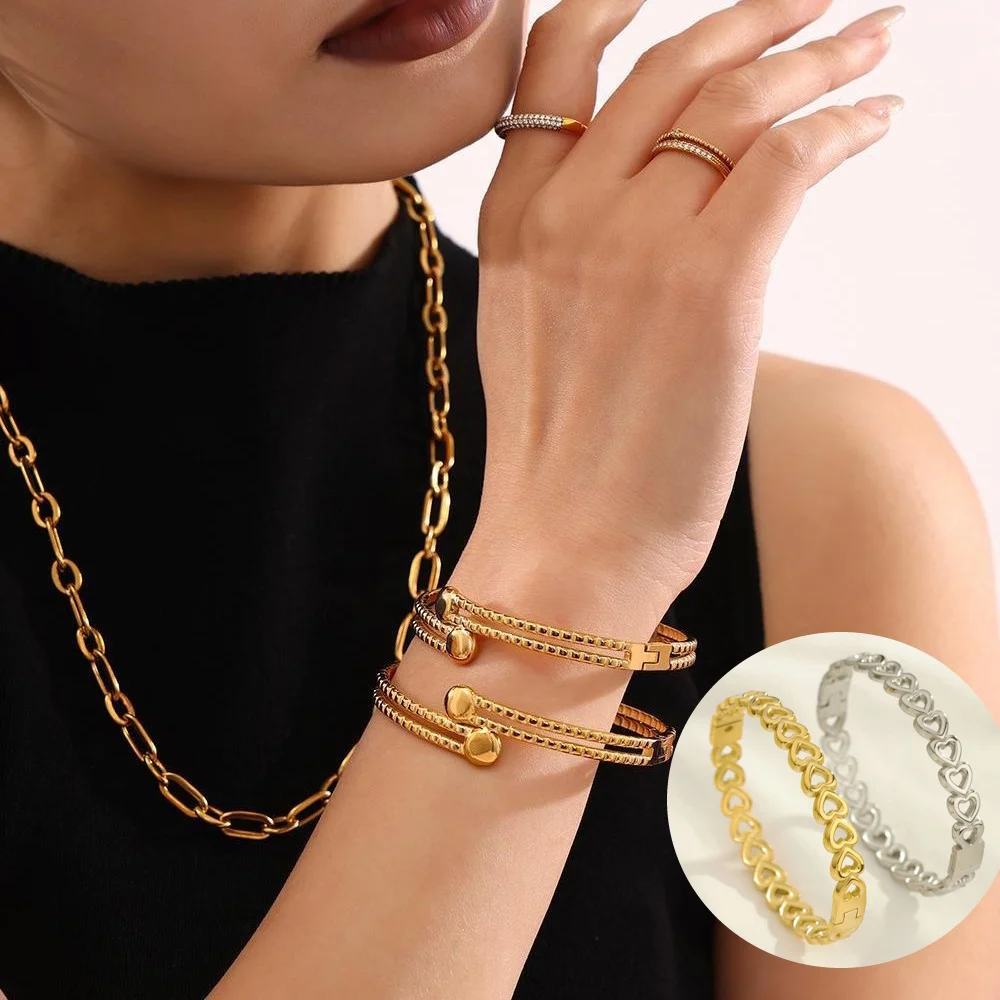 

Fashion Jewelry Gold Plated Stainless Steel Heart Bangle Tarnish Free Hip Hop Personalized Double Layer Cuff Bracelet for Women
