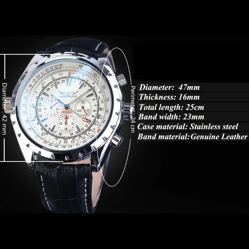 Men's Fully Automatic Mechanical Watch Jaragar Series 42mm Dial with Side Ruler Function Three Dials Six Hands and Leather Strap