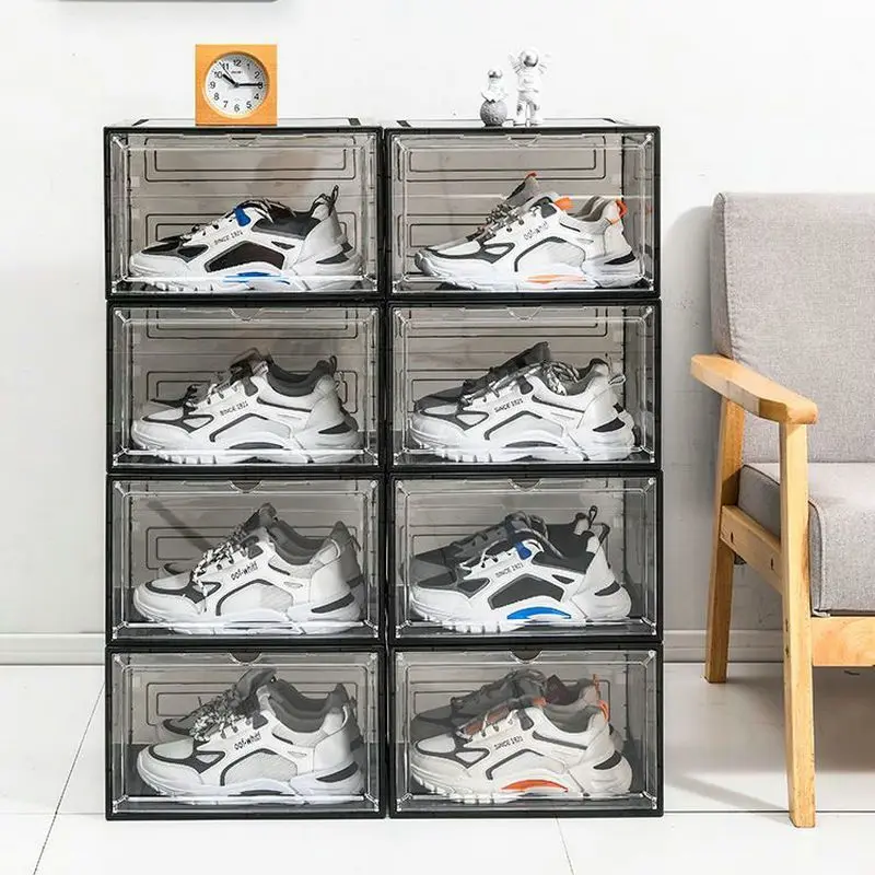 1 Pcs Magnetic Hard Plastic Transparent Front Opening Shoe Box Storage Thickened Rack Shoe Cabinet Side Opening