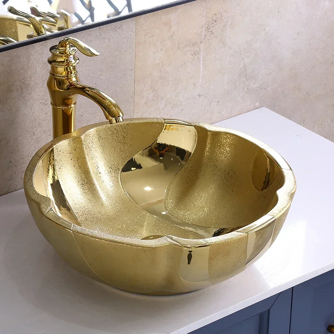 YYHC- Fashionable Single Hole Ceramic Art Wash Basin Mini Round Gold Color Bathroom Sink