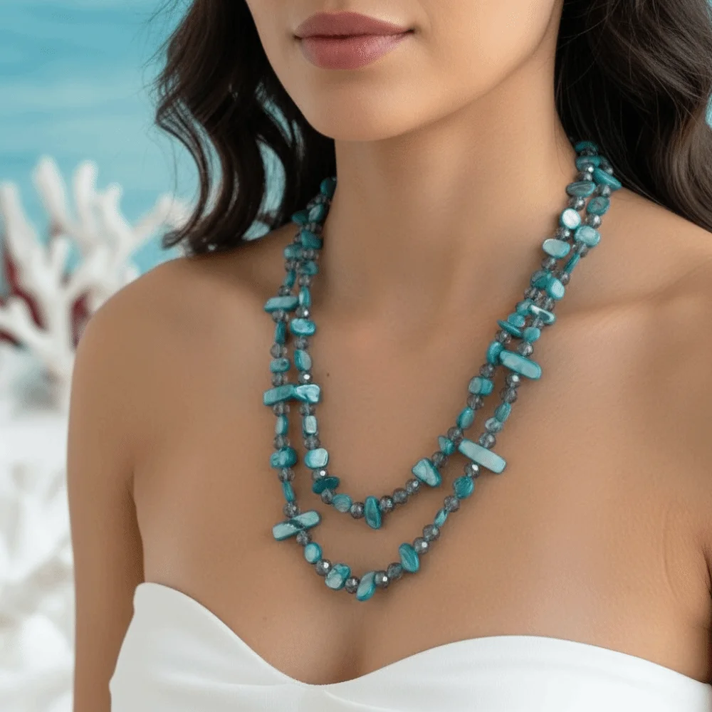 

Double Layered Multi-color Natural Stone Necklace Irregular Geometric Mother-of-pearl-lustre Layered Stone Strand
