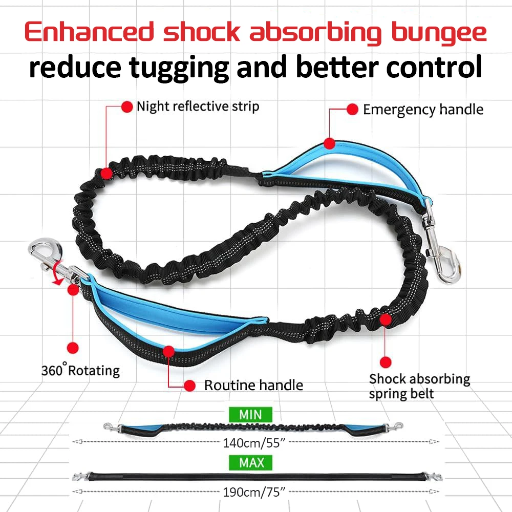 Hands Free Dog Leash Running Leash Waist Belt with Zipper Pouch Dual Handle Bungee Reflective for Small Medium Large Dogs