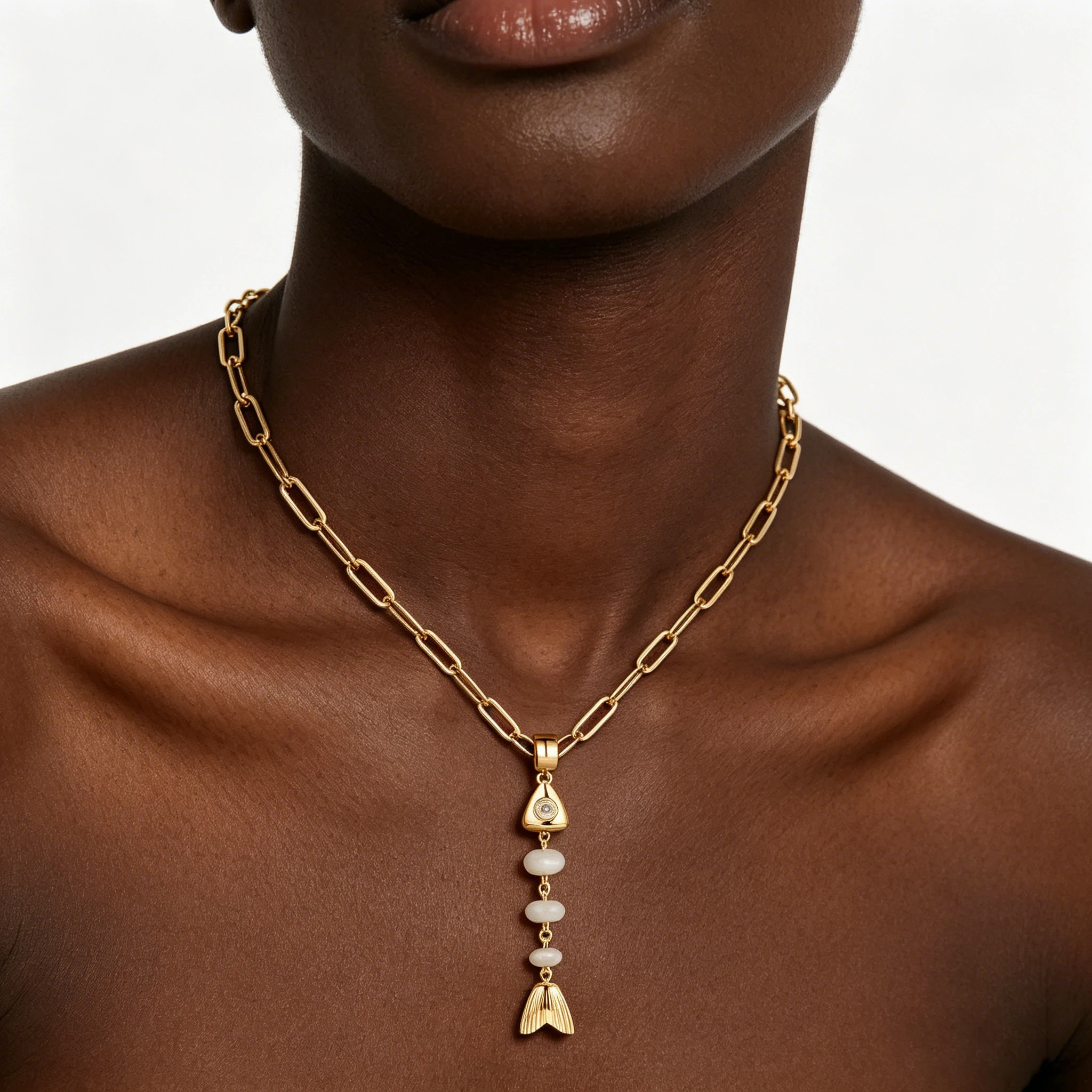 New Retro Fishbone Shaped Pendant Necklace Mini Natural Stone Freely Combinable DIY Choker Waterproof Stainless Steel Jewelry