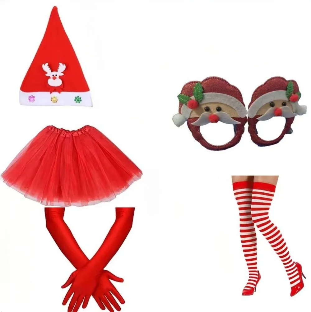 

Рождественский комплект из пяти предметов PESENAR (включая декоративная шляпа с оленями, газовая юбка, длинные перчатки, полосатые чулки и т. д.)