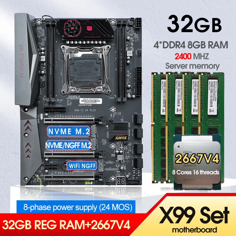 JINGYUE  X99 TI D4 Motherboard Processor and Memory Kit Xeon E5 2667V4 CPU LGA 2011-3 DDR4 32GB 2400MHz (4*8G)  ECC RAM KIT