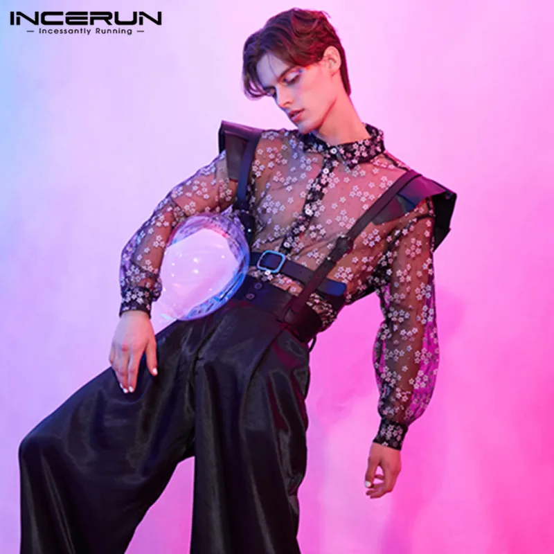 INCERUN Tops 2024 Mens Long Sleeve Mesh Shirts Casual Printing Shirt Man See Through Loose Blouse Fashion Party Lapel Blouse 5XL