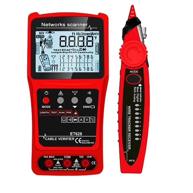 ABRI-3In1 Visual Fault Locator Multimeter Network Cable Tester Silent Vibrate Search POE Test Cable Pairing Length Wiremap Red