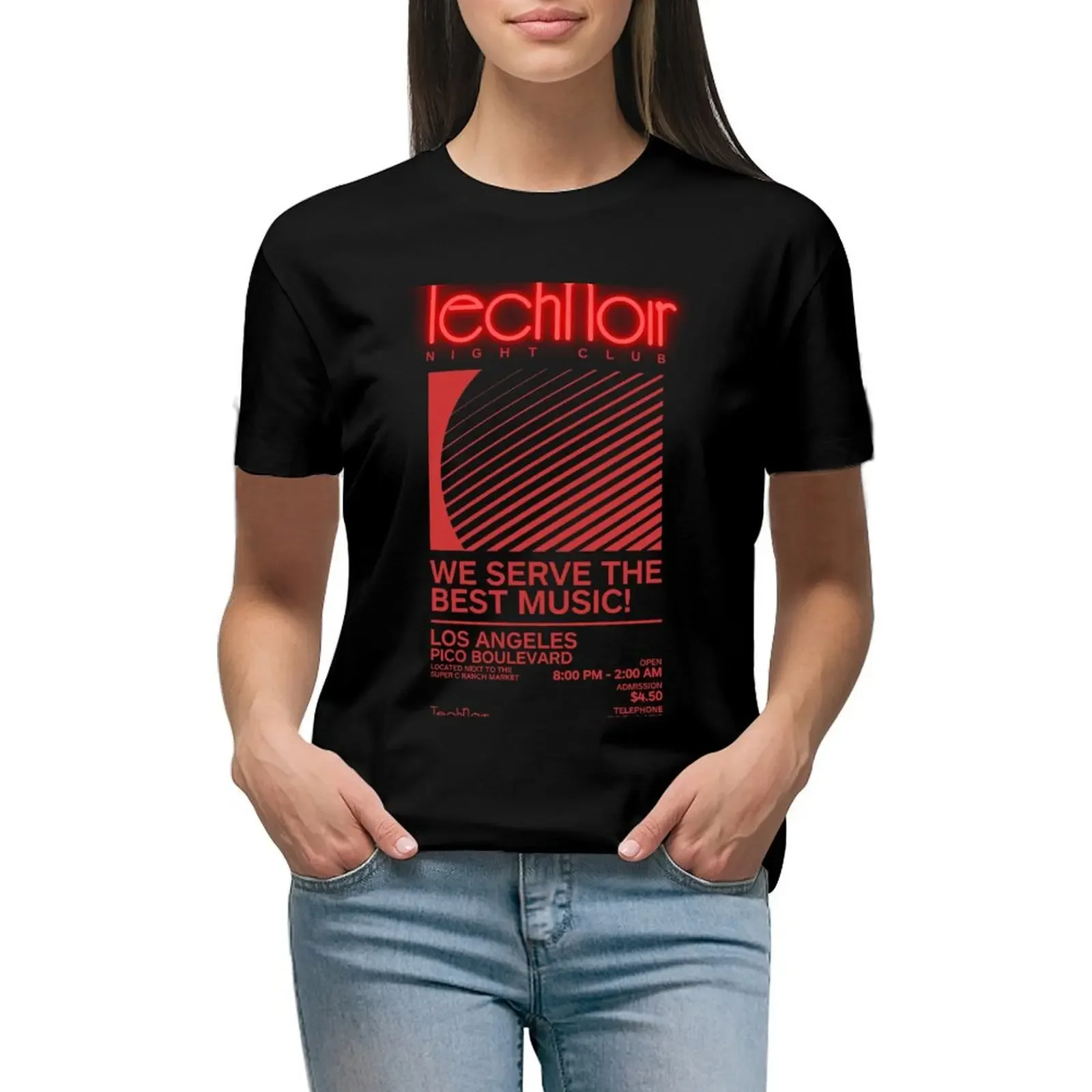 

Retro 80s Technoir Nightclub Poster from the Terminator Movie T-Shirt summer tops vintage cute tops Womens graphic t shirts