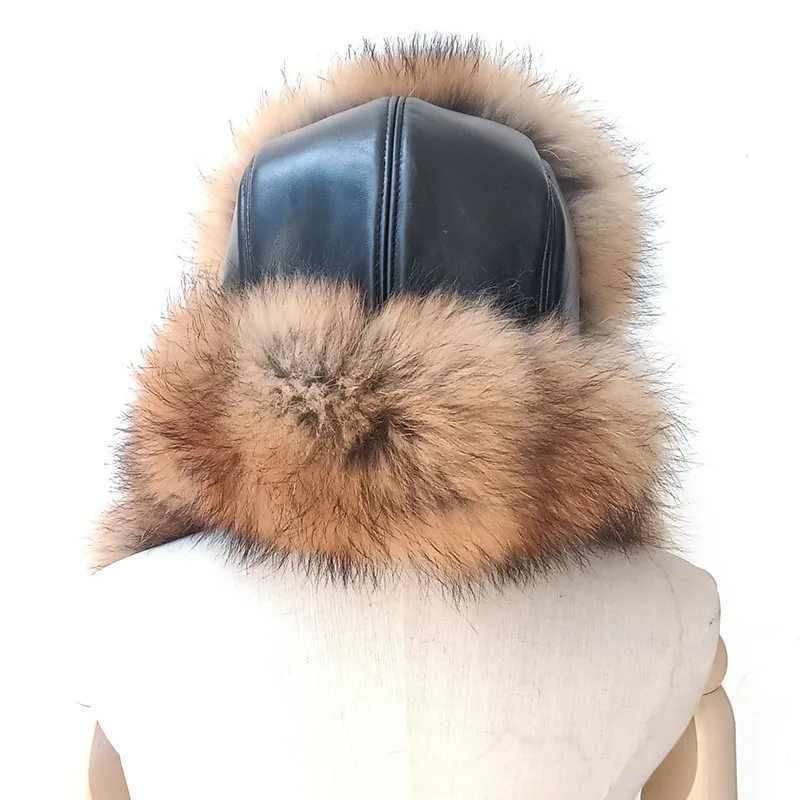 Genuine Sheep Leather Winter Warm Real Fox Fur Cap With Earflap For Men  Hat Thick Female and Male Fashion Winter Earcap Caps