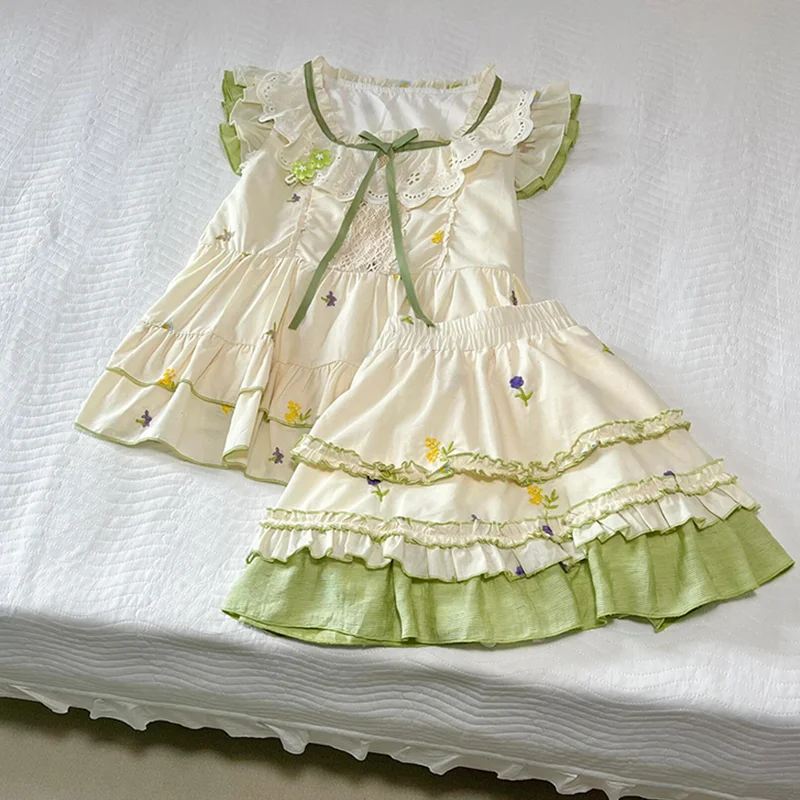 Été Kawaii froncé nouveau 2 pièces ensemble femmes doux hauts à fleurs + imprimé Mini jupe costume japonais décontracté Patchwork ensembles 2025 été