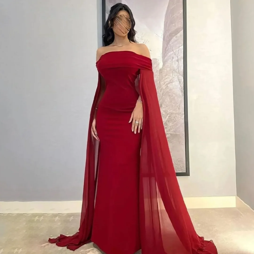 버건디 오프 숄더 이브닝 드레스 사우디 아라비아 우아한 플로트 슬리브 바디콘 여성 칵테일 파티 웨딩 게스트 드레스