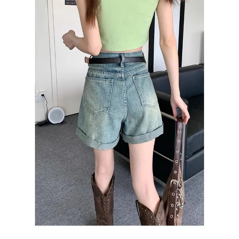 봄과 여름에 입기 좋은 여성용 레트로 데님 반바지 얇은 디자인 니치 하이웨이스트 루즈 A라인 스트레이트 와이드 레그 반바지