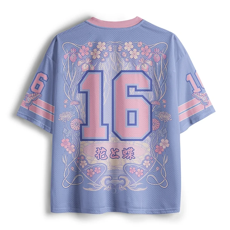 Art Nouveau Butterfly Floral Football Jersey Pastel Purple Pink Iris Flower Print V-Neck Number 61 Short Sleeve Sports Tee