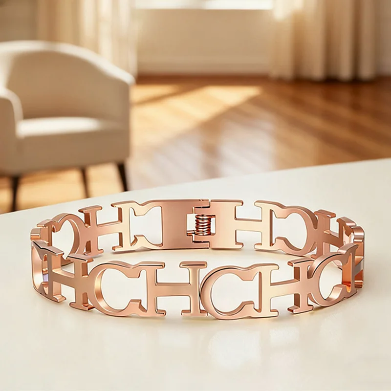

CHHC Rose Gold Openwork Letter Bracelet for Women Luxury Hollow-Out Cuff Bangle Elegant Dainty Adjustable Jewelry
