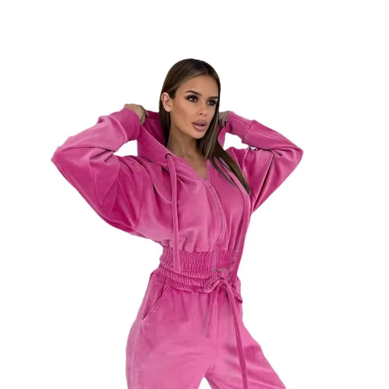 Velour Tracksuit Womens 2 Piece Sweatshirt Weatpants Set Full Zip Hoodie Sweatshirt with Pocket Causal Sportswear Autumn