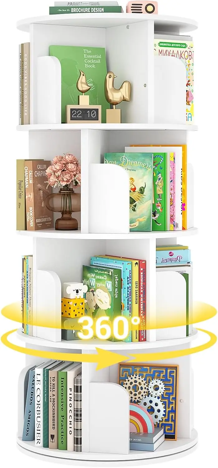 

Wood Corner Bookshelf, 360 Display Spinning Bookcase Storage Rack, 4 Tier Floor Standing Revolving Bookcase Narrow Book Shelf