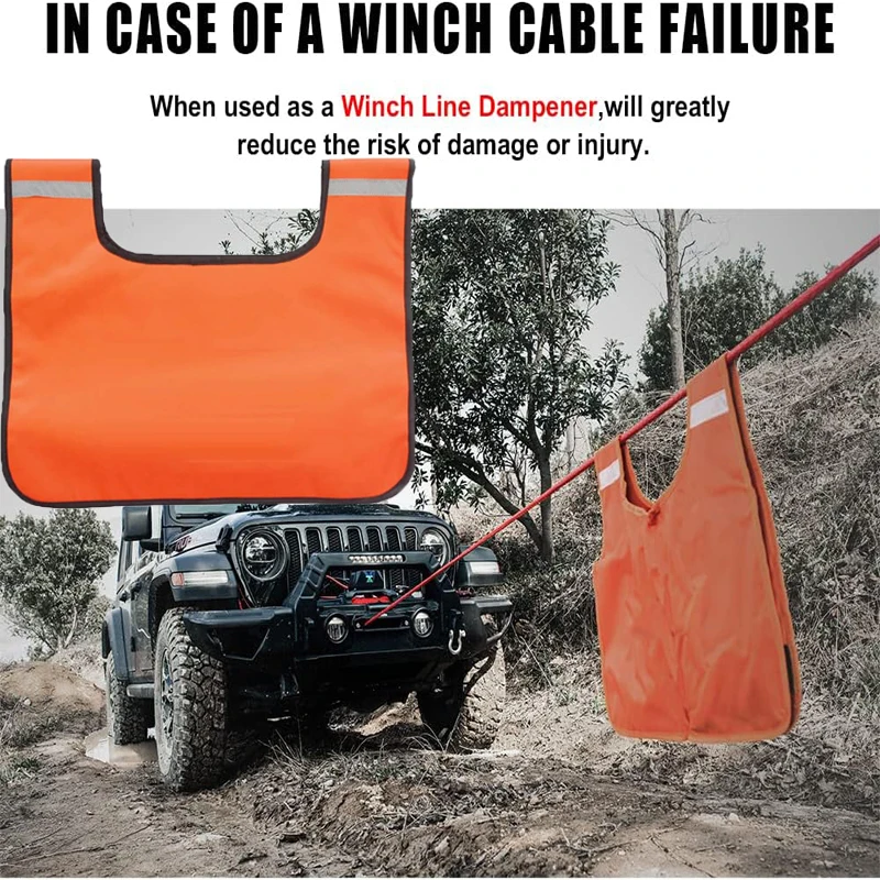 Winch Rope Dampener Blanket Cable Damper Cushion with Pocket Reflective Strips Heavy Duty Car Off-Road Safety Recovery Blanket