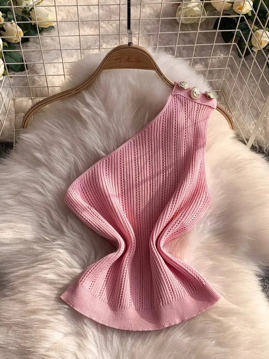 Foamlina Celebrity Chic Schräger Kragen Ärmelloses Strickset Damen Hohloberteil Zweireihiger Schlanker Rock Zweiteiliger Strickanzug