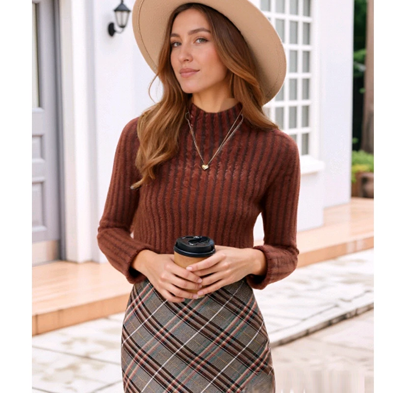الخريف الشتاء محبوك شبه الياقة المدورة البلوز سترة المرأة فضفاضة مخطط قاع قميص عادية بسيطة مكتب جديد الأساسية القمم