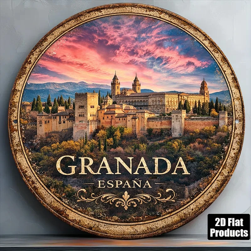 2D Flat, 1pc 8x8in/20x20cm 2D Flat Round Sign, Vintage Alhambra Palace Plaque, Granada Spain Scenery Decorative Sign, Suitable f